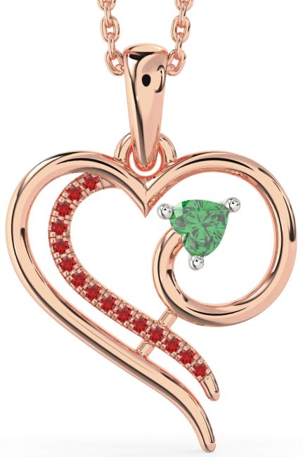 Emerald & Ruby Rose Gold Silver Heart Necklace