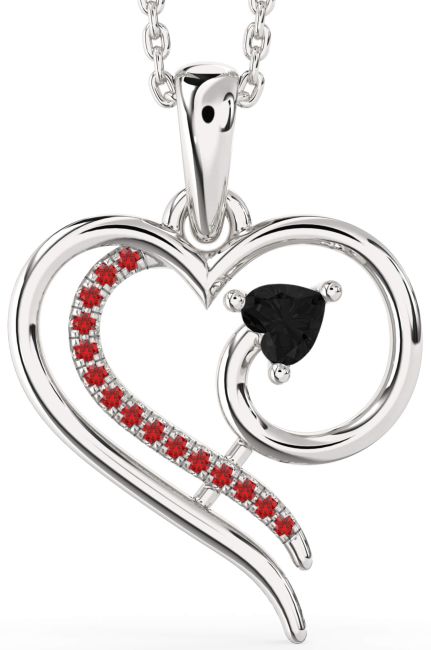 Black Diamond & Ruby Silver Heart Necklace