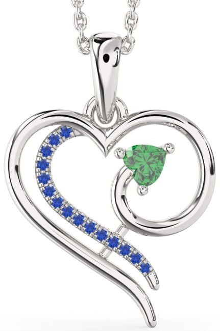 Emerald & Blue Sapphire White Gold Heart Necklace