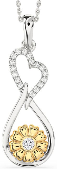 Large Diamond Silver & 10K gold Heart Teardrop Flower Necklace