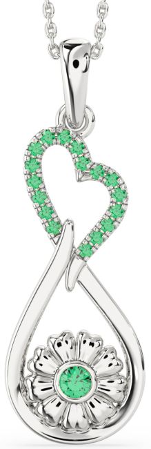 Large Emerald Silver Heart Teardrop Flower Necklace