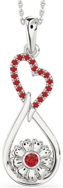 Large Ruby Silver Heart Teardrop Flower Necklace