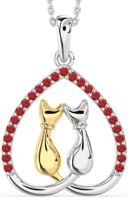 Large Ruby Gold Silver Heart Cat Necklace