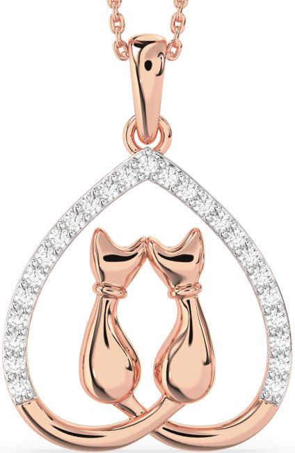 Large Diamond Rose Gold Silver Heart Cat Necklace