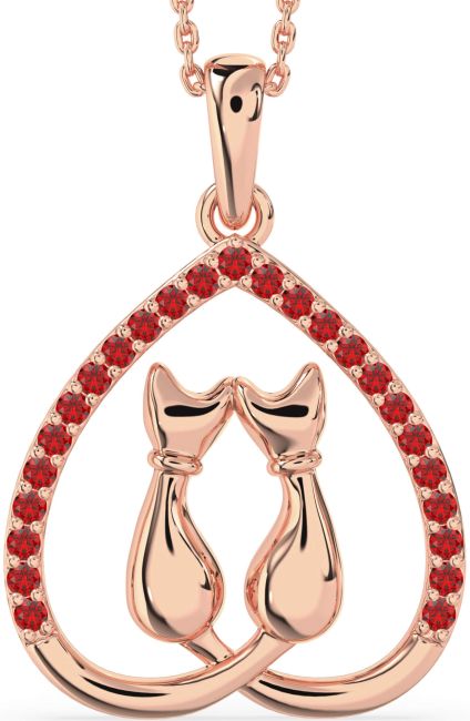 Large Ruby Rose Gold Heart Cat Necklace