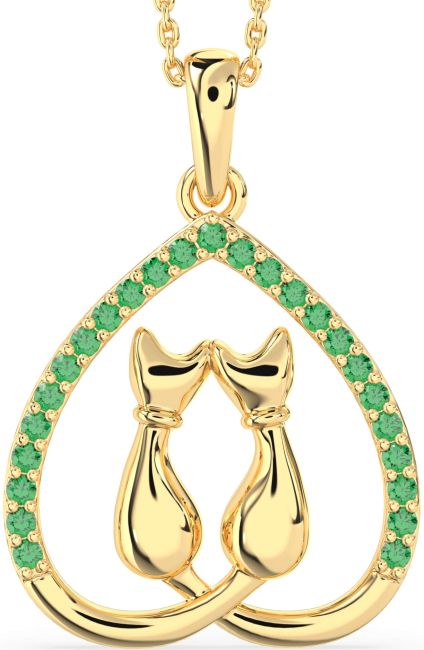 Large Emerald Gold Heart Cat Necklace