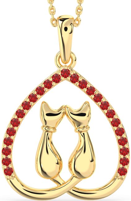Large Ruby Gold Heart Cat Necklace