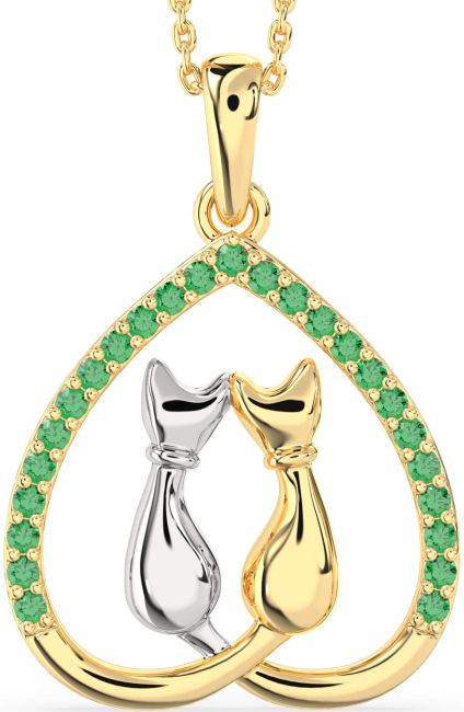 Large Emerald Gold Silver Heart Cat Necklace