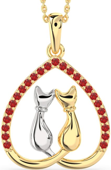 Large Ruby Gold Silver Heart Cat Necklace