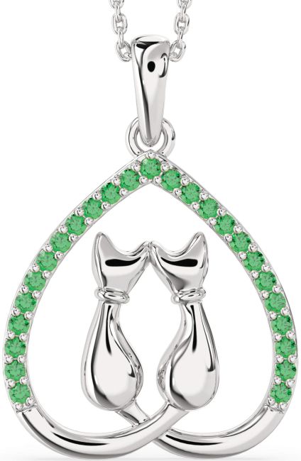 Large Emerald Silver Heart Cat Necklace