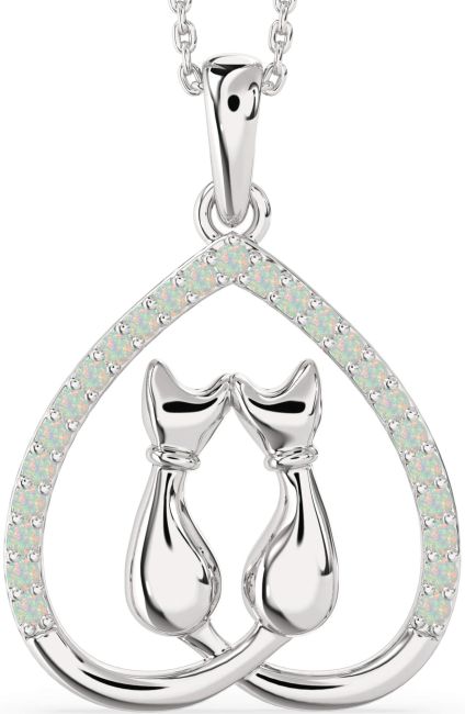 Large Opal Silver Heart Cat Necklace