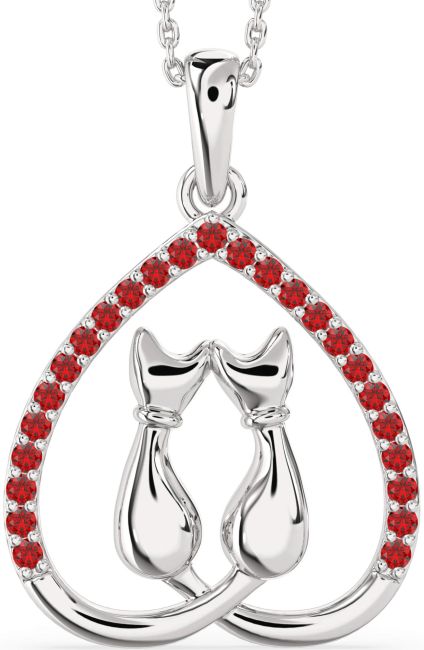 Large Ruby Silver Heart Cat Necklace