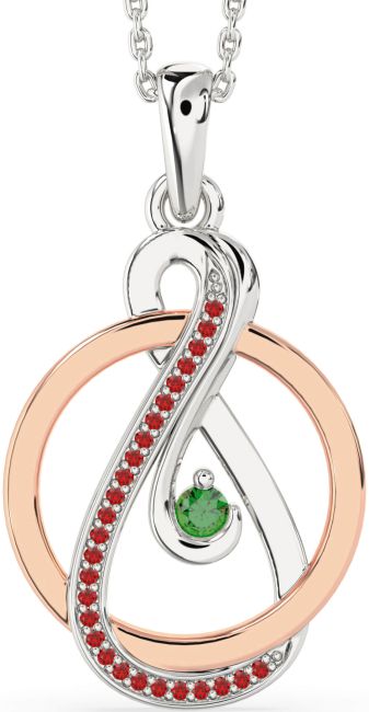Emerald & Ruby Platinum & Rose Gold Infinity Circle Necklace