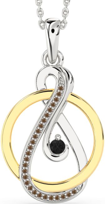 Black & Chocolate Brown Diamond White Yellow Gold Infinity Circle Necklace