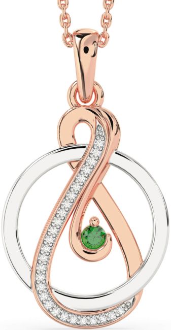 Diamond & Emerald Rose Gold Silver Infinity Circle Necklace