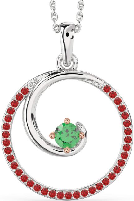 Large Emerald & Ruby Rose Gold Silver Circle Necklace