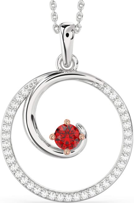 Large Diamond & Ruby Rose Gold Silver Circle Necklace