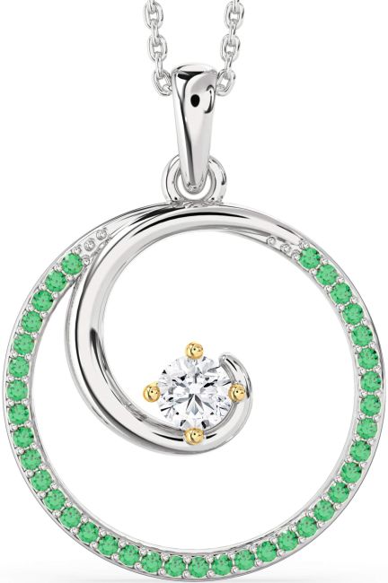 Large Emerald & Diamond Gold Silver Circle Necklace