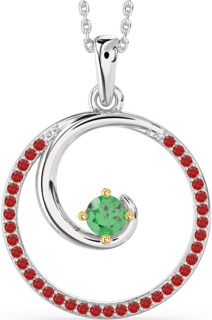 Large Emerald & Ruby Platinum & Yellow Gold Circle Necklace