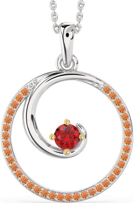 Large Ruby & Citrine Gold Silver Circle Necklace