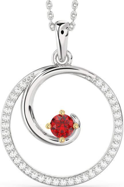 Large Diamond & Ruby Gold Silver Circle Necklace