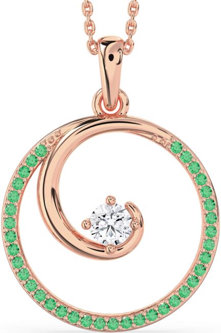Large Emerald & Diamond Rose Gold Circle Necklace