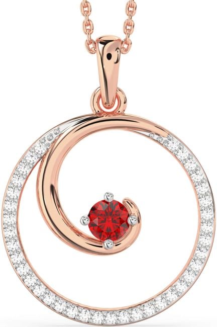 Large Diamond & Ruby Rose Gold Silver Circle Necklace