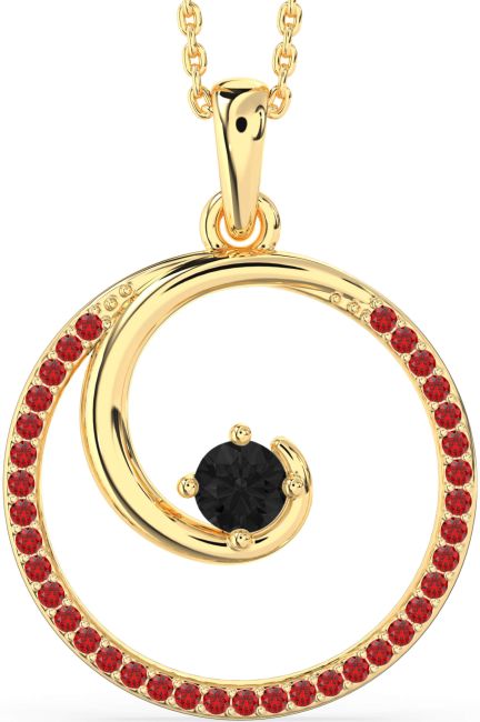Large Black Diamond & Ruby Gold Circle Necklace