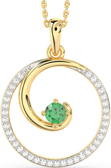 Large Diamond & Emerald Gold Circle Necklace
