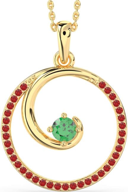 Large Emerald & Ruby Gold Circle Necklace
