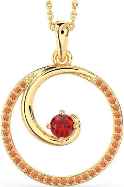 Large Ruby & Citrine Gold Circle Necklace