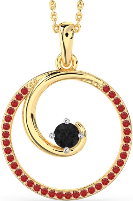 Large Black Diamond & Ruby Gold Silver Circle Necklace