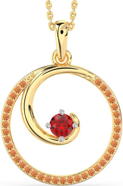 Large Ruby & Citrine Gold Silver Circle Necklace