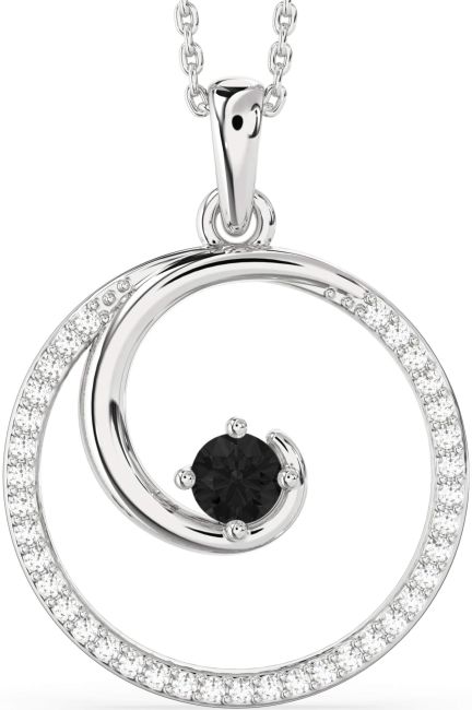 Large Black Diamond Silver Circle Necklace