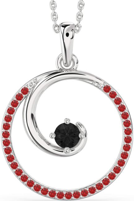 Large Black Diamond & Ruby Silver Circle Necklace