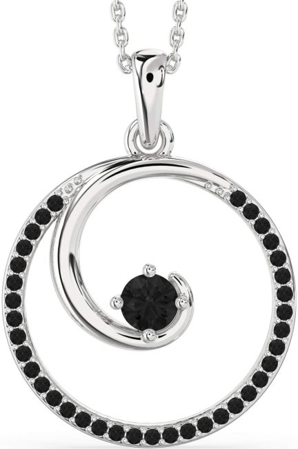 Large Black Diamond Silver Circle Necklace