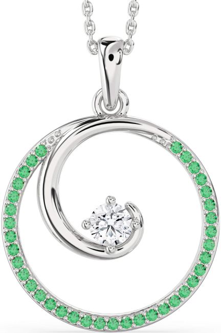 Large Emerald & Diamond Silver Circle Necklace