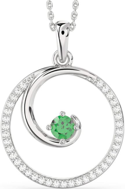 Large Diamond & Emerald Silver Circle Necklace
