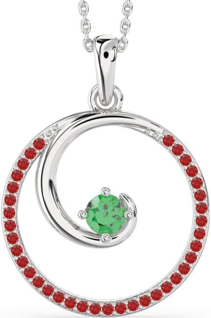 Large Emerald & Ruby Silver Circle Necklace