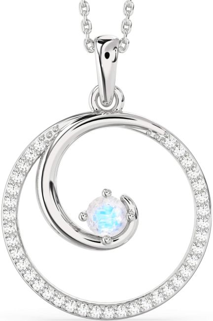 Large Diamond & Moonstone Silver Circle Necklace