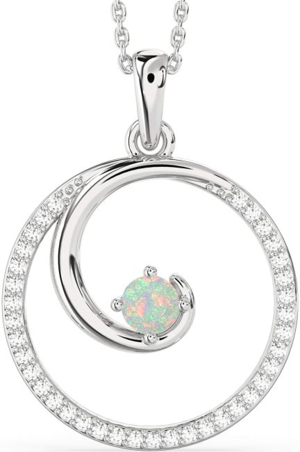 Large Diamond & Opal Silver Circle Necklace