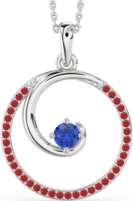 Large Blue Sapphire & Ruby Silver Circle Necklace