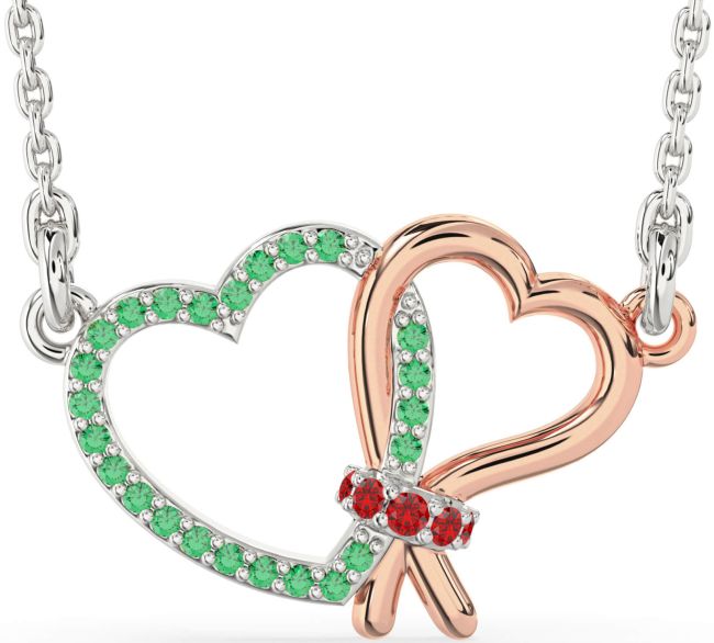 Emerald & Ruby Rose Gold Silver Heart Necklace