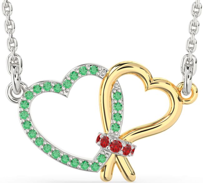 Emerald & Ruby Gold Silver Heart Necklace
