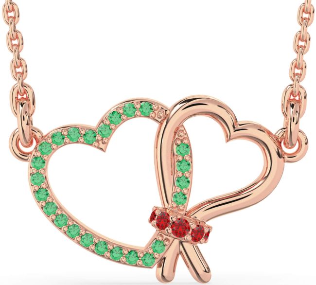 Emerald & Ruby Rose Gold Heart Necklace