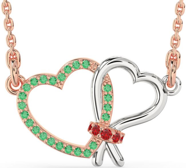 Emerald & Ruby Rose Gold Silver Heart Necklace