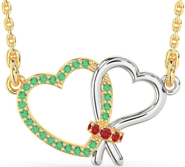 Emerald & Ruby Gold Silver Heart Necklace