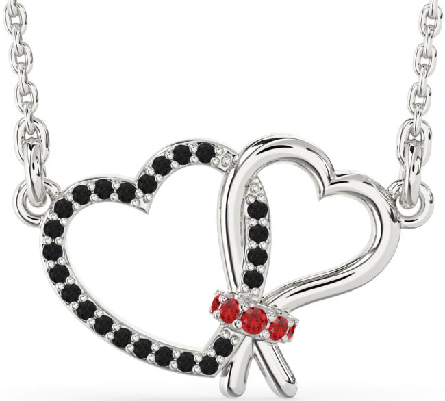 Black Diamond & Ruby Silver Heart Necklace