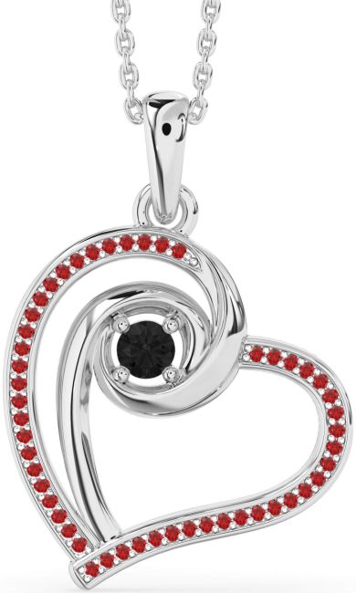 Black Diamond & Ruby Silver Heart Necklace