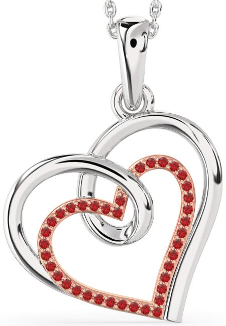 Large Ruby Rose Gold Silver Heart Necklace